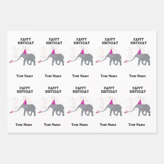 Elephant Partding - Dieren op Birthday Party Name Inpakpapier Vel (Voorkant)