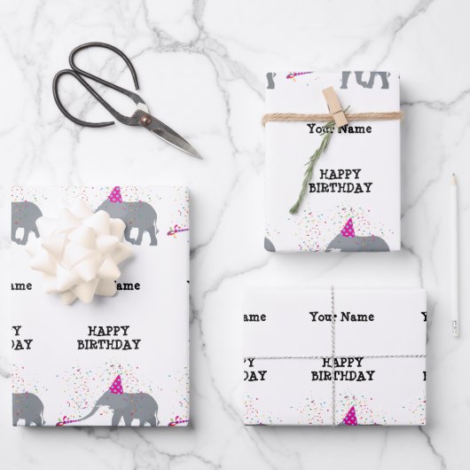 Elephant Partding - Dieren op Birthday Party Name Inpakpapier Vel (Voorkant)
