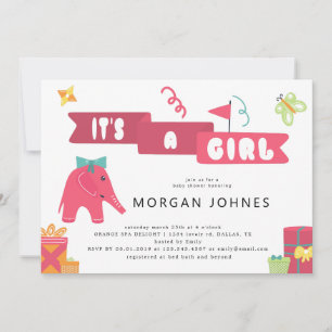 Elephant Party Girl   Uitnodiging tot Baby shower