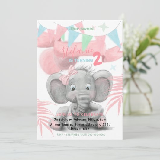 Elephant party girl's verjaardagsuitnodiging aankondiging (Staand voorkant)