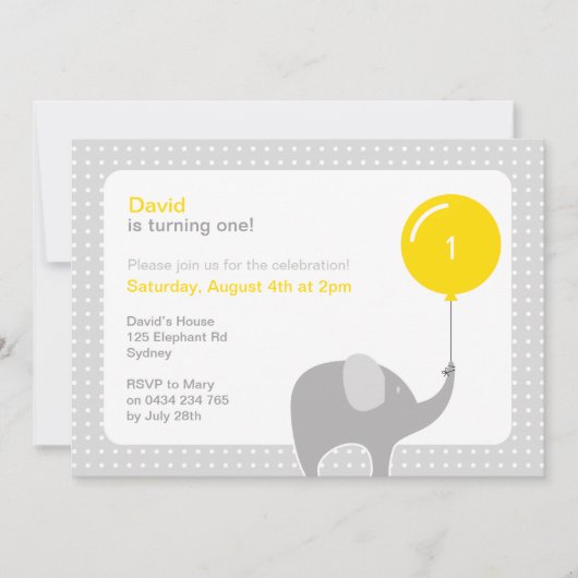 Elephant Party Invitation, Geel & Grijs Kaart (Voorkant)