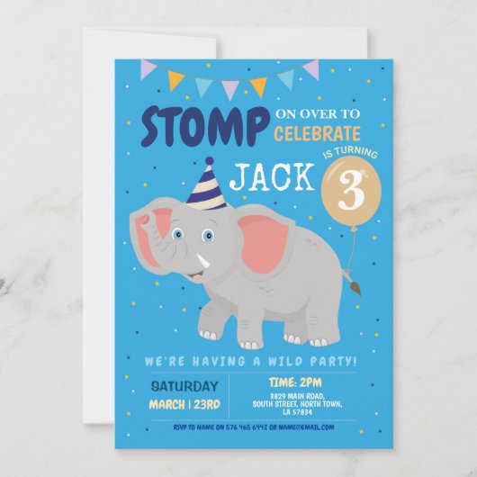 Elephant Party Kids Birthday Wild Fun Uitnodiging (Voorkant)