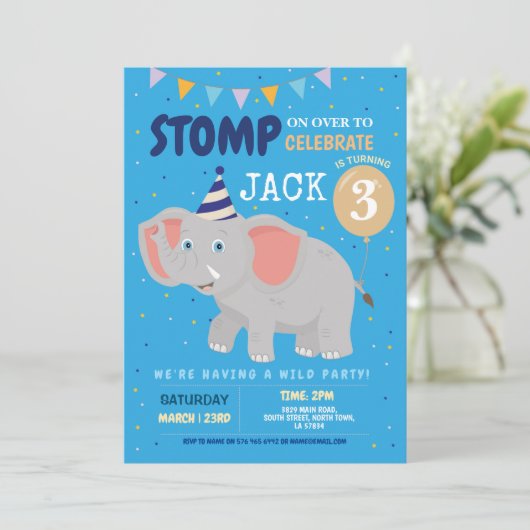 Elephant Party Kids Birthday Wild Fun Uitnodiging (Staand voorkant)