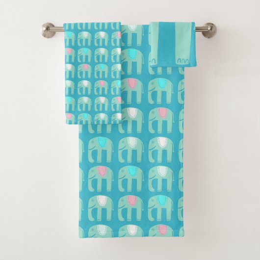 Elephant Pattern Aqua Bad Handdoek (Insitu)