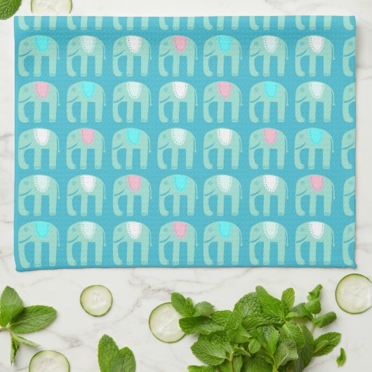 Elephant Pattern Aqua Blue Theedoek (Gevouwen)