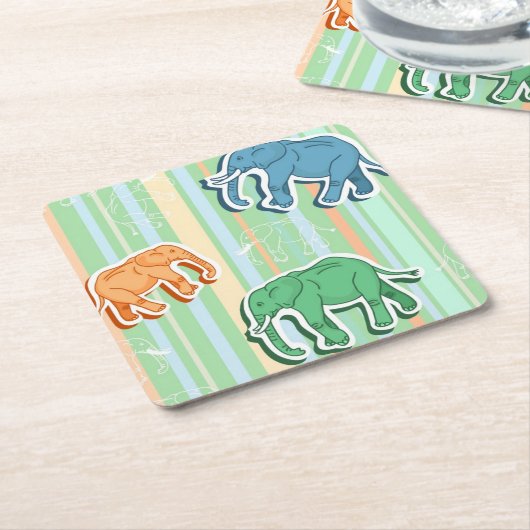 Elephant Pattern on Green Stripes Kartonnen Onderzetters (Schuin)