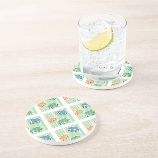 Elephant Pattern on Green Stripes Zandsteen Onderzetter (Zijkant)