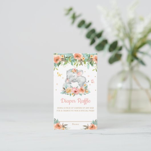 Elephant Peach Floral Baby shower Diaper Raffle Informatiekaartje (Staand voorkant)