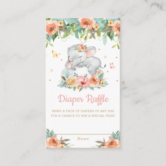 Elephant Peach Floral Baby shower Diaper Raffle Informatiekaartje (Voorkant)