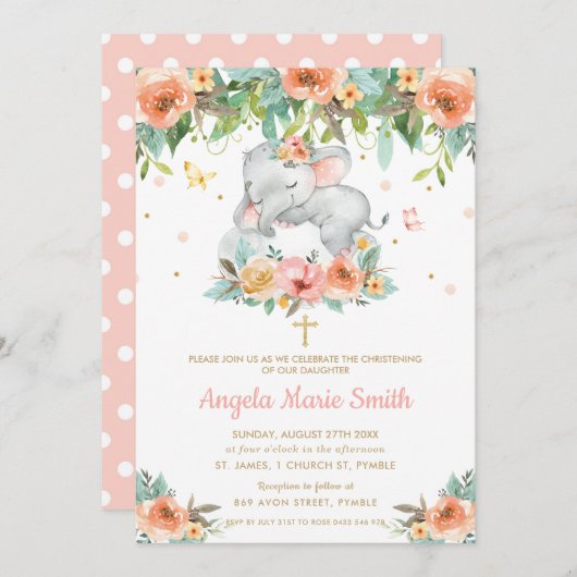 Elephant Peach roze Floral Baptisme Christening Kaart (Voorkant / Achterkant)