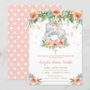Elephant Peach roze Floral Baptisme Christening Kaart