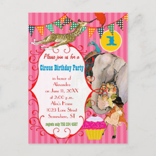 Elephant Peacock Giraffe Party (1 jaar) Uitnodiging Briefkaart