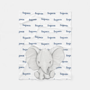 Elephant Personalized Navy Blue Name Boy Fleece Deken
