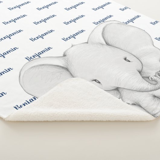 Elephant Personalized Navy Blue Name Boy Sherpa Deken (3/4)