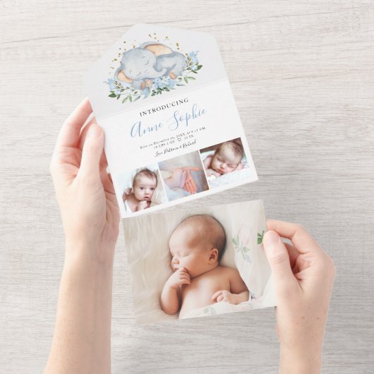 Elephant Photo Birth Notice card All In One Uitnodiging (Afscheurbaar)