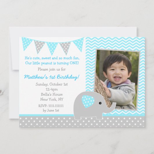 Elephant Photo Birthday Party Invitations for Boy Kaart (Voorkant)