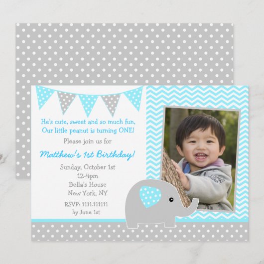 Elephant Photo Birthday Party Invitations for Boy Kaart (Voorkant / Achterkant)