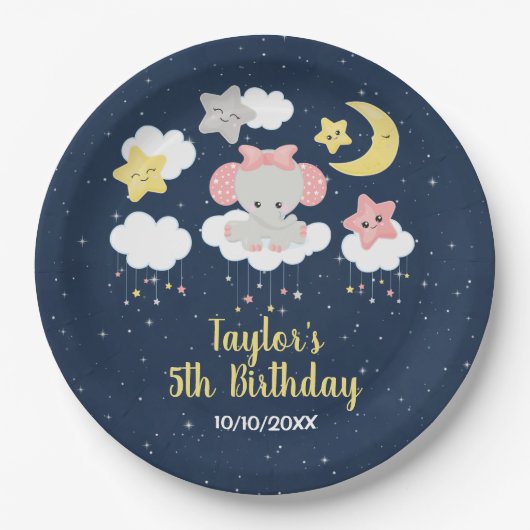 Elephant Pink and Navy Birthday Party Papieren Bordje (Voorkant)