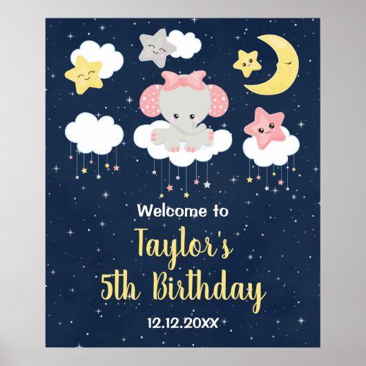Elephant Pink and Navy Birthday Party Welcome Poster (Voorkant)
