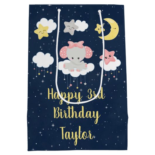 Elephant Pink and Navy Happy Birthday Medium Cadeauzakje (Achterkant)