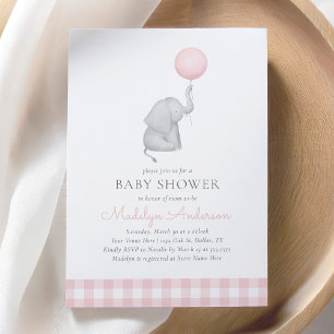 Elephant Pink Balloon Girl Baby shower Kaart