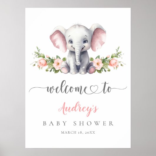 Elephant Pink Bloemen Baby Meisje Douche Welkom Poster (Voorkant)