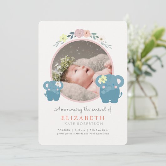 Elephant Pink Bloemen Meisje Foto Aankondiging Geb (Staand voorkant)