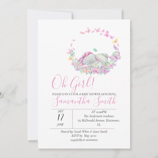 Elephant Pink Butterflies Baby shower Uitnodiging (Voorkant)