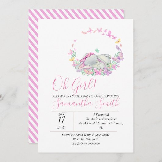Elephant Pink Butterflies Baby shower Uitnodiging (Voorkant / Achterkant)