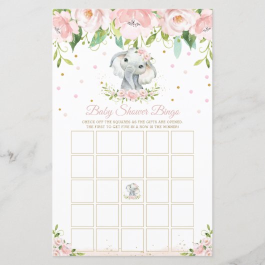 Elephant Pink Floral Baby shower Bingo Game (Voorkant)