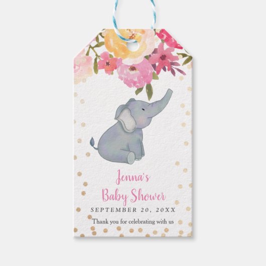 Elephant Pink Floral Baby shower dank u Cadeaulabel (Voorkant)