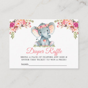 Elephant Pink Floral Baby shower Diaper Raffle Informatiekaartje