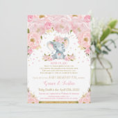 Elephant Pink Floral Baby shower e-mail Girl Kaart (Staand voorkant)