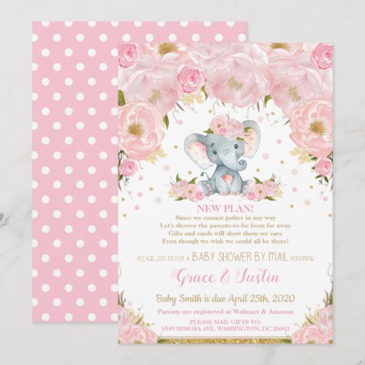 Elephant Pink Floral Baby shower e-mail Girl Kaart (Voorkant / Achterkant)