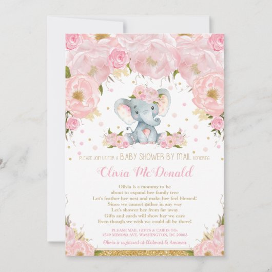 Elephant Pink Floral Baby shower e-mail Girl Kaart (Voorkant)
