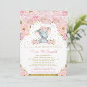 Elephant Pink Floral Baby shower e-mail Girl Kaart (Staand voorkant)
