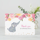 Elephant Pink Floral Baby shower Hartelijk dank Kaart (Staand voorkant)