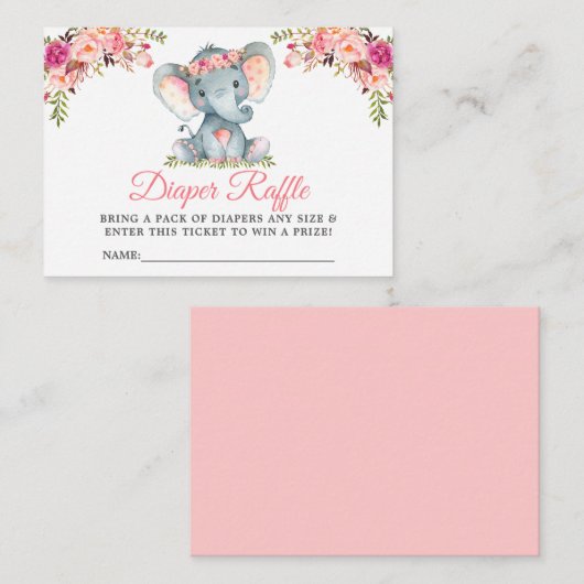 Elephant Pink Floral Baby shower Luier Raffle Informatiekaartje (Voorkant / Achterkant)