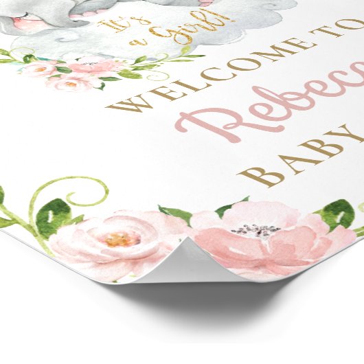Elephant Pink Floral Baby shower Welkomstteken Poster (Hoek)