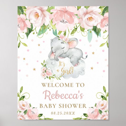 Elephant Pink Floral Baby shower Welkomstteken Poster (Voorkant)