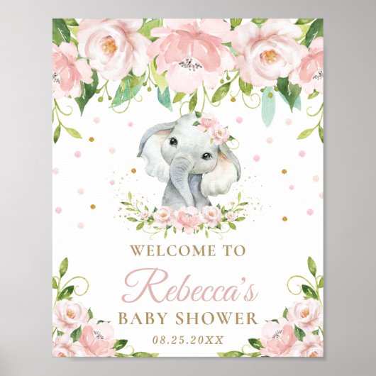 Elephant Pink Floral Baby shower Welkomstteken Poster (Voorkant)