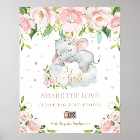 Elephant Pink Floral Deel het Label van de Liefde  Poster (Voorkant)