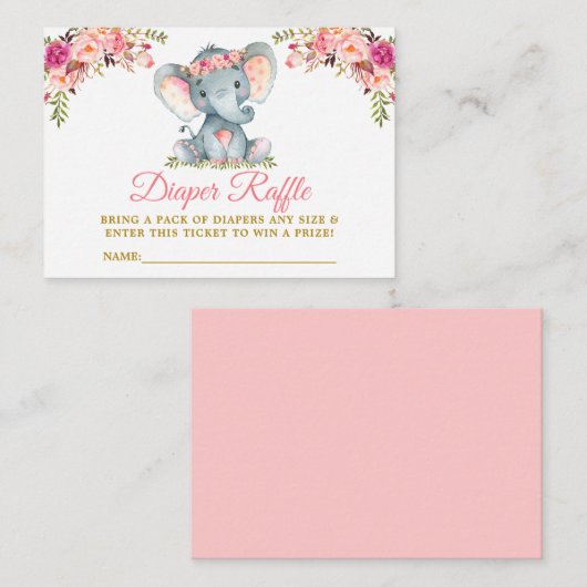 Elephant Pink Floral Diaper Baby shower Raffle Informatiekaartje (Voorkant / Achterkant)