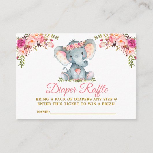 Elephant Pink Floral Diaper Baby shower Raffle Informatiekaartje (Voorkant)