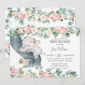 Elephant Pink Floral Greenery Baby shower Invitati Kaart (Voorkant / Achterkant)