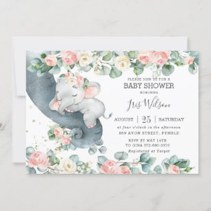 Elephant Pink Floral Greenery Baby shower Invitati Kaart