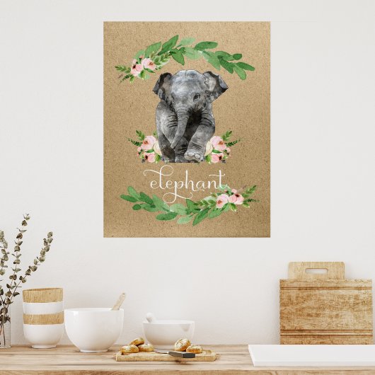 Elephant Pink Floral Nursery Print (Keuken)