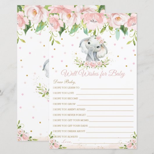 Elephant Pink Floral Well Wwish for Baby Kaart (Voorkant / Achterkant)