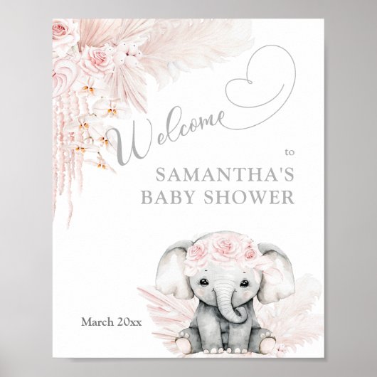 Elephant Pink Flower Boho Baby shower Welkom Foam Poster (Voorkant)