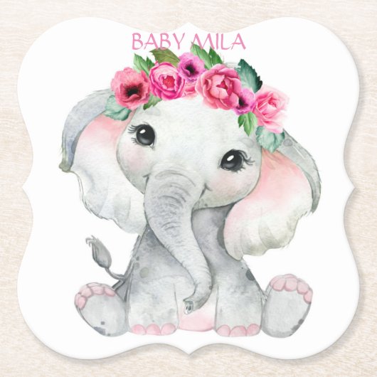 Elephant pink girl baby shower favor kartonnen onderzetters (Voorkant)